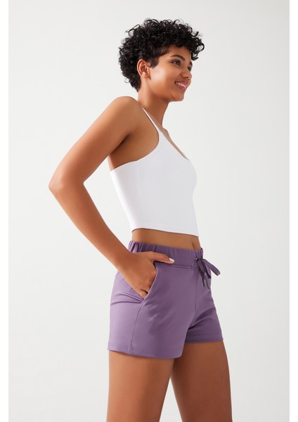 Kadın Lila Cepli Beli Lastikli Basic Fit Spor Şort Shorts fırsatları