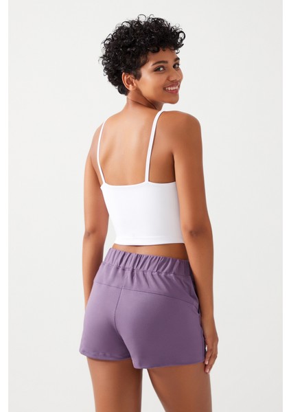 Kadın Lila Cepli Beli Lastikli Basic Fit Spor Şort Shorts indirimleri