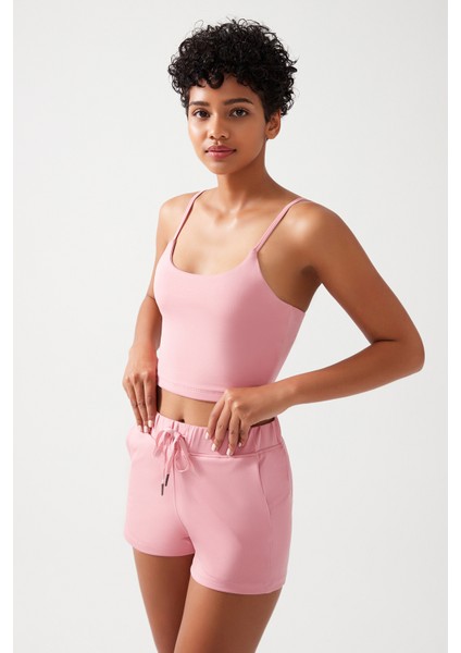 Kadın Pembe Cepli Beli Lastikli Basic Fit Spor Şort Shorts