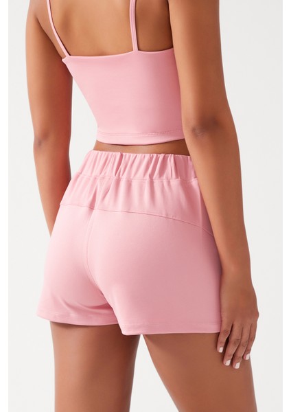 Kadın Pembe Cepli Beli Lastikli Basic Fit Spor Şort Shorts modelleri