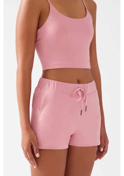 Kadın Pembe Cepli Beli Lastikli Basic Fit Spor Şort Shorts fiyatları