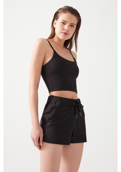Kadın Siyah Cepli Beli Lastikli Basic Fit Spor Şort Shorts