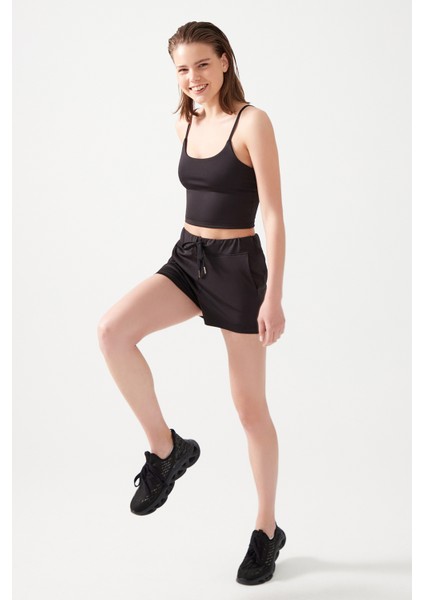 Kadın Siyah Cepli Beli Lastikli Basic Fit Spor Şort Shorts indirimleri