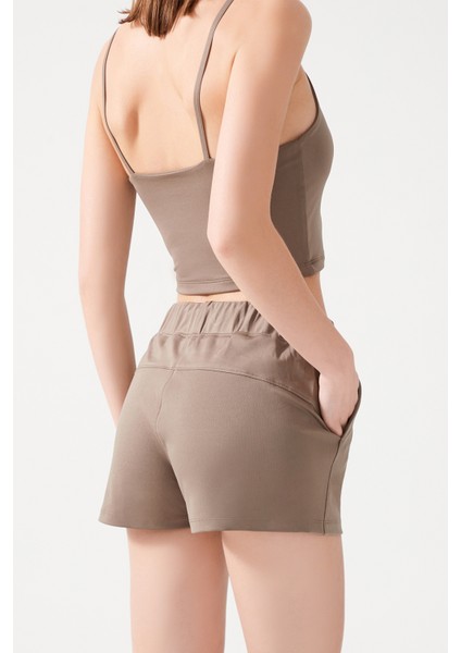 Kadın Vizon Cepli Beli Lastikli Basic Fit Spor Şort Shorts fiyatları