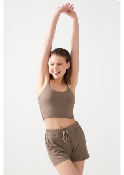 Kadın Vizon Cepli Beli Lastikli Basic Fit Spor Şort Shorts modelleri