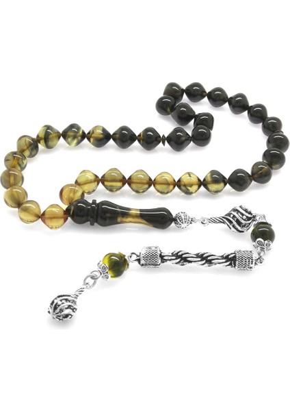 Kararmaz Metal Halat Püsküllü Istanbul Kesim Süzme Beyaz-Siyah Ateş Kehribar Tesbih