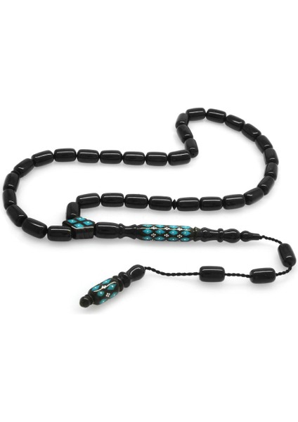 Sistemli Gümüş-Firuze Işlemeli Kapsül Kesim Erzurum Oltu Taşı Tesbih