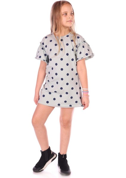 Toontoy Kız Çocuk Kolu Fırfırlı Komple Puantiye Baskılı Elbise