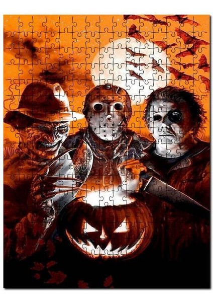 Dolunayda Korku Karakterleri Bir Arada 120 Parça Puzzle Yapboz Mdf (Ahşap)