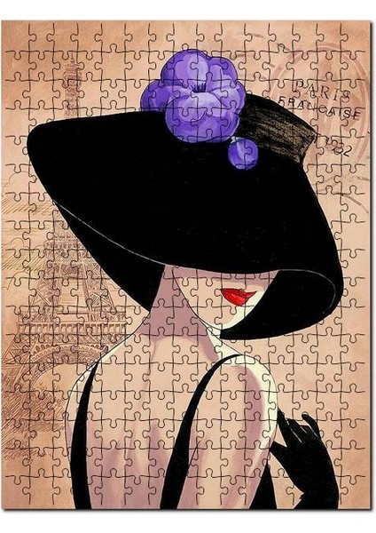Paris Zeminde Şapkalı Kadın Görseli 255 Parça Puzzle Yapboz Mdf (Ahşap)