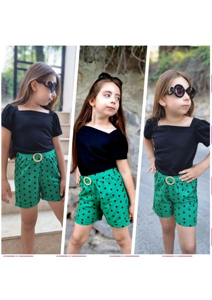 Kız Çocuk Puantiyeli Kemerli Şort ve Bluz Kombin - Yeşil fiyatları