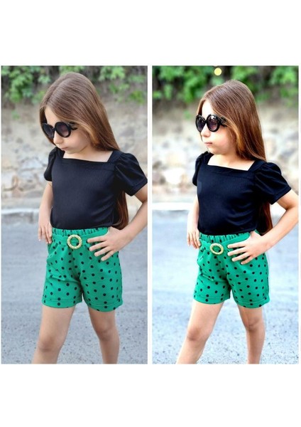 Kız Çocuk Puantiyeli Kemerli Şort ve Bluz Kombin - Yeşil modelleri