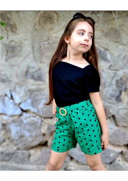 Kız Çocuk Puantiyeli Kemerli Şort ve Bluz Kombin - Yeşil fırsatları