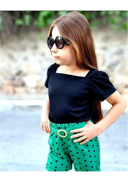 Kız Çocuk Puantiyeli Kemerli Şort ve Bluz Kombin - Yeşil indirimleri