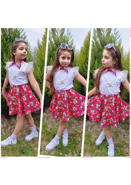Dantelli Kolyeli Çiçek Desenli Kız Çocuk Etekli Kombin - Kırmızı fiyatları