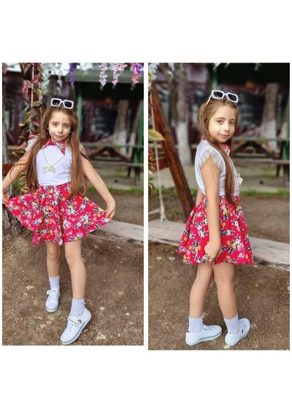 Dantelli Kolyeli Çiçek Desenli Kız Çocuk Etekli Kombin - Kırmızı modelleri