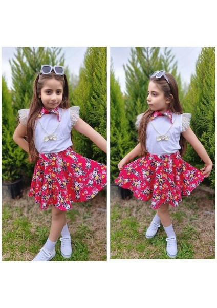 Dantelli Kolyeli Çiçek Desenli Kız Çocuk Etekli Kombin - Kırmızı fırsatları