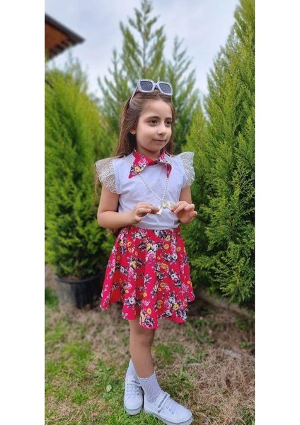 Dantelli Kolyeli Çiçek Desenli Kız Çocuk Etekli Kombin - Kırmızı indirimleri
