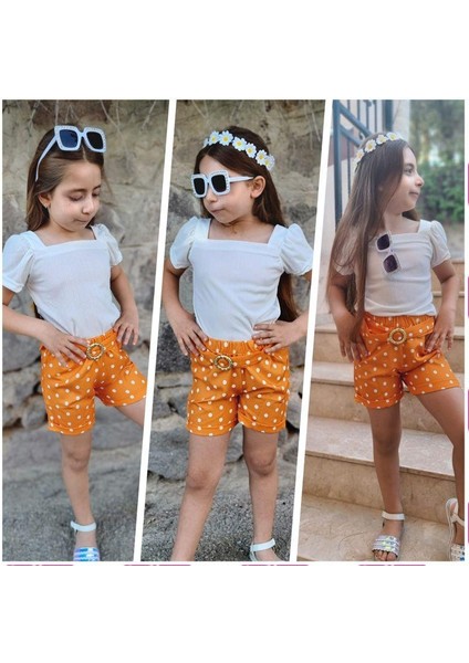 Kız Çocuk Puantiyeli Kemerli Şort ve Bluz Kombin - Turuncu fiyatları