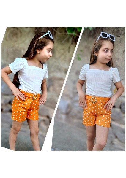 Kız Çocuk Puantiyeli Kemerli Şort ve Bluz Kombin - Turuncu modelleri