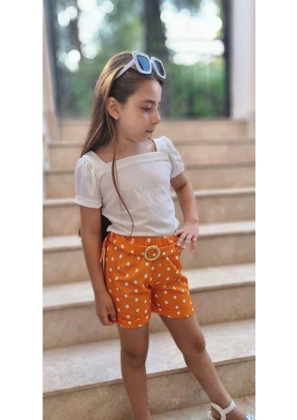 Kız Çocuk Puantiyeli Kemerli Şort ve Bluz Kombin - Turuncu indirimleri