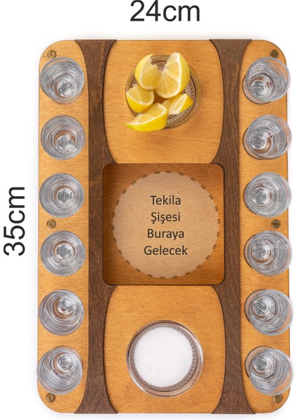 Tekila Sunum Tepsisi, 12 Shot Bardağı, 2 Kase ve Şişelik