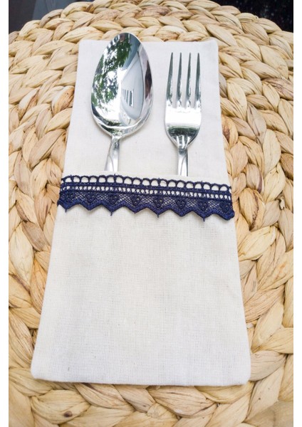 6 Adet Keten Lacivert Dantelli Kaşıklık Servis Sunum modelleri