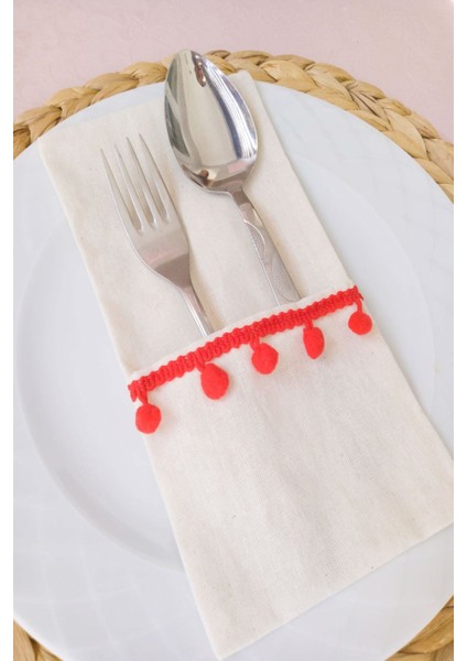 6 Adet Keten Kırmızı Ponponlu Kaşıklık Servis Sunum