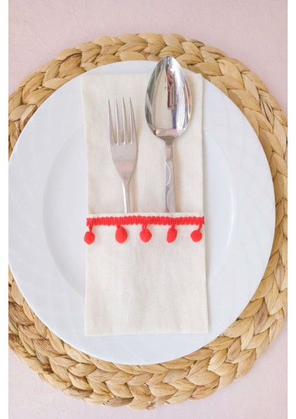 6 Adet Keten Kırmızı Ponponlu Kaşıklık Servis Sunum fiyatları