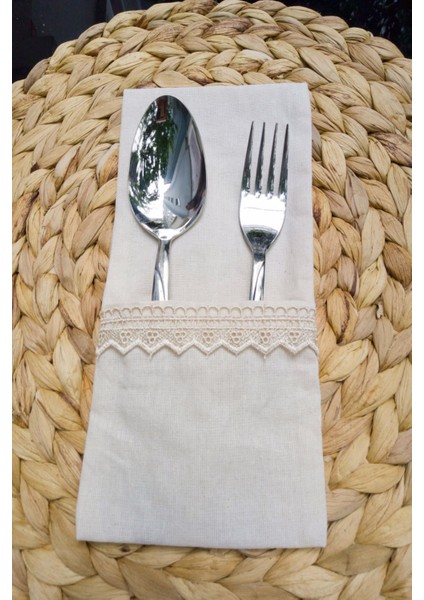 6 Adet Keten Krem Dantelli Kaşıklık Servis Sunum