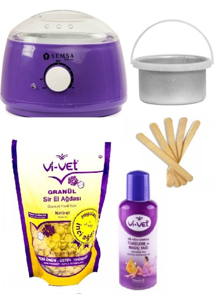 Ağda Makinesi Mor 800 Alfa+Ek Hazne+Vivet Natural 250ML Boncuk Ağda+5 Spatula+Vivet 125ML Yağ