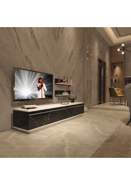Eko 4b Mdf Std Tv Ünitesi Tv Sehpası Beyaz Siyah Mermer