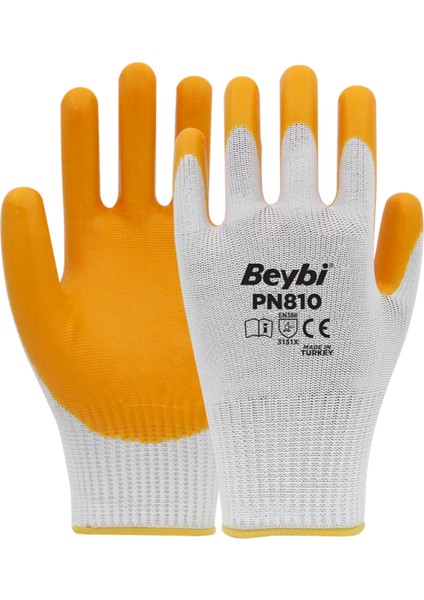PN810 Sarı Polyester Örme Nitril Iş Eldiveni 12 Çift