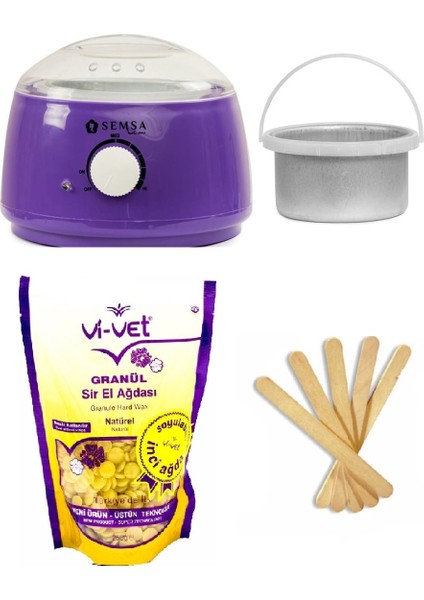 Ağda Makinesi Mor 800 Alfa+Ek Hazne+Vivet Natural Boncuk Ağda 250ML+5 Spatula+Vivet 125ML Yağ