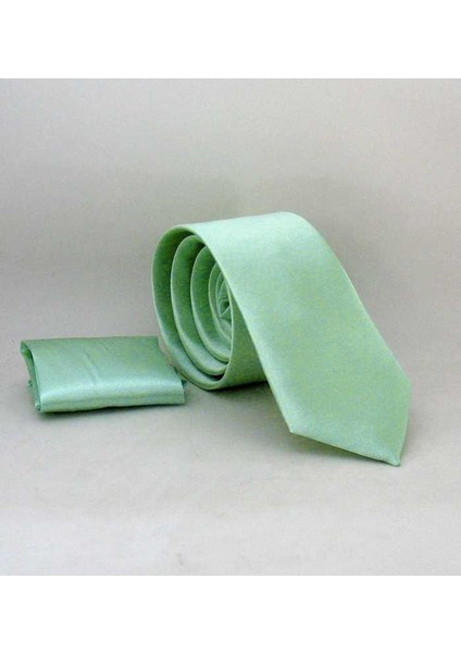 Su Yeşili Slim Fit (Ince) Düz Renk Mendilli Saten Kravat - Ss-31