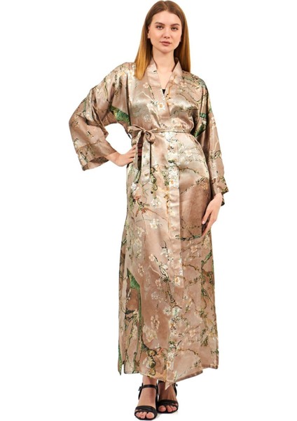 %100 Ipek Kimono Sabahlık Bej Kaftan Almond Blossoms Desenli