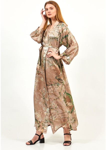 %100 Ipek Kimono Sabahlık Bej Kaftan Almond Blossoms Desenli