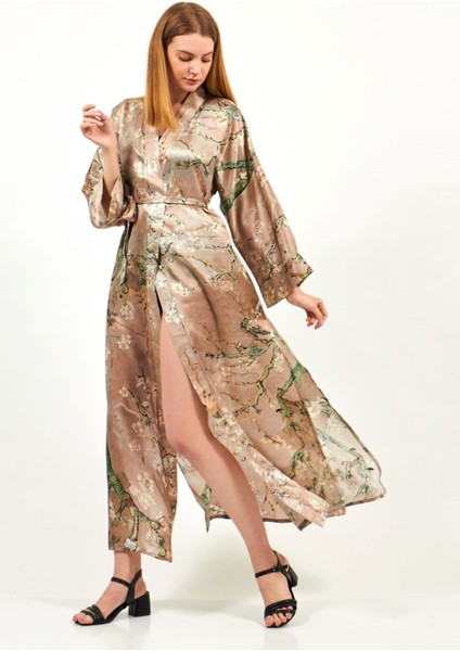 %100 Ipek Kimono Sabahlık Bej Kaftan Almond Blossoms Desenli