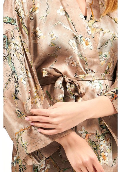 %100 Ipek Kimono Sabahlık Bej Kaftan Almond Blossoms Desenli