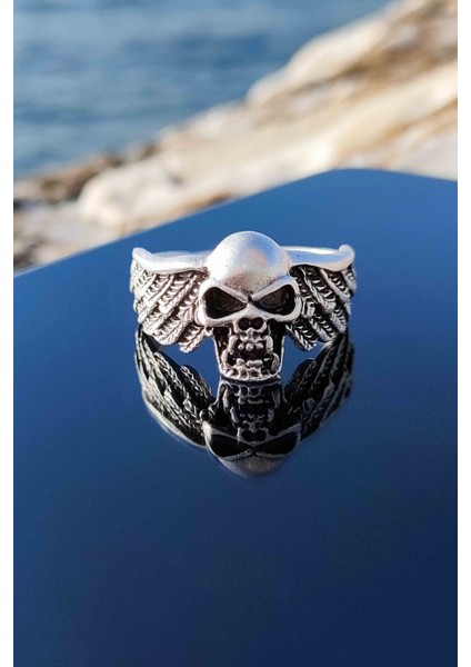 Kanat Desenli Kurukafa Model Gümüş Kaplama Ayarlanabilir Unisex Yüzük