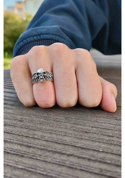 Kanat Desenli Kurukafa Model Gümüş Kaplama Ayarlanabilir Unisex Yüzük indirimleri
