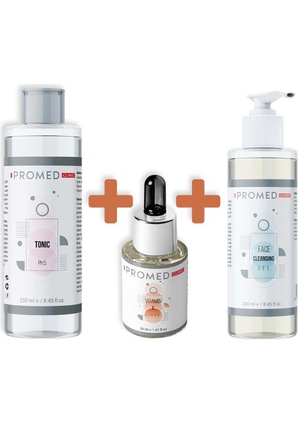 C Vitamini ve Leke Önleyici Serum 30 ml + Kir ve Makyaj Kalıntılarını Temizleyici Tonik 250 ml + Yüz Temizleme Jeli Yatıştırıcı ve Dinlendirici Bileşenli 250 ml