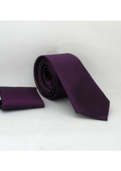Koyu Mor Slim Fit (Ince) Düz Renk Mendilli Saten Kravat - Ss-21