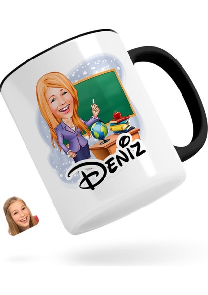 Kişiye Özel Kadın Öğretmen Karikatürlü Siyah Kupa Bardak-1