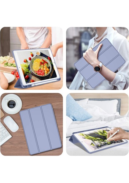 Apple İPad 8. Nesil 10.2 Kılıf Silikon Kalem Bölmeli Smart Case A2270 A2428 A2429 A2430 Lavender