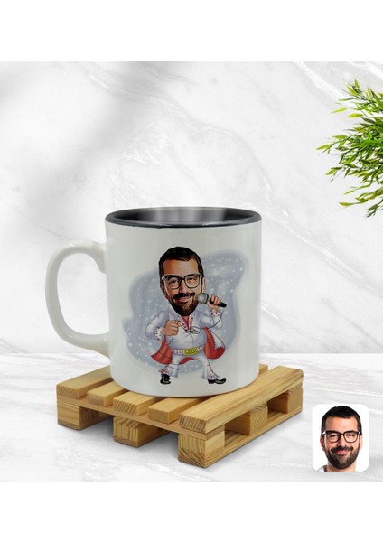 Kişiye Özel Elvis Presley Karikatürlü Içi Siyah Renkli Kupa Bardak Model 1