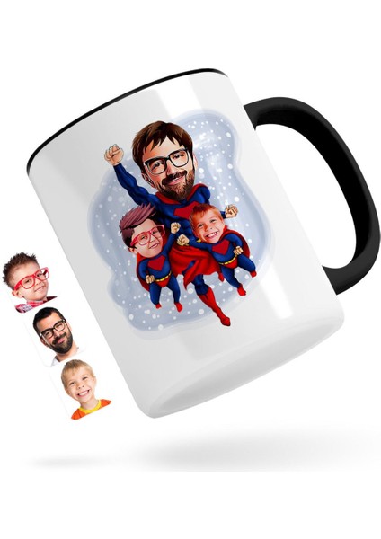 Kişiye Özel Süper Baba ve 2 Çocuk Karikatürlü Siyah Kupa Bardak