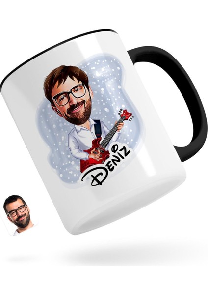 Kişiye Özel Erkek Gitarist Karikatürlü Siyah Kupa Bardak-2
