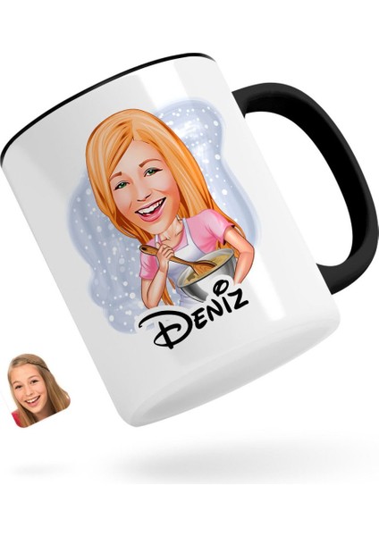 Kişiye Özel Kadın Chef Karikatürlü Siyah Kupa Bardak-1