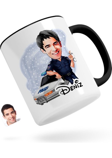 Kişiye Özel Erkek Polis Karikatürlü Siyah Kupa Bardak-2